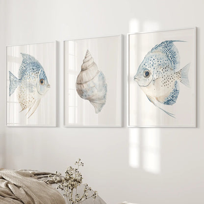 Trendy Nautical Wall Art Set of 3. Seashell and Fishes Posters