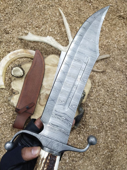 Custom Handmade Bowie Knife with Twisted Damascus Steel Blade and Antler Horn Handle - 15 Inches