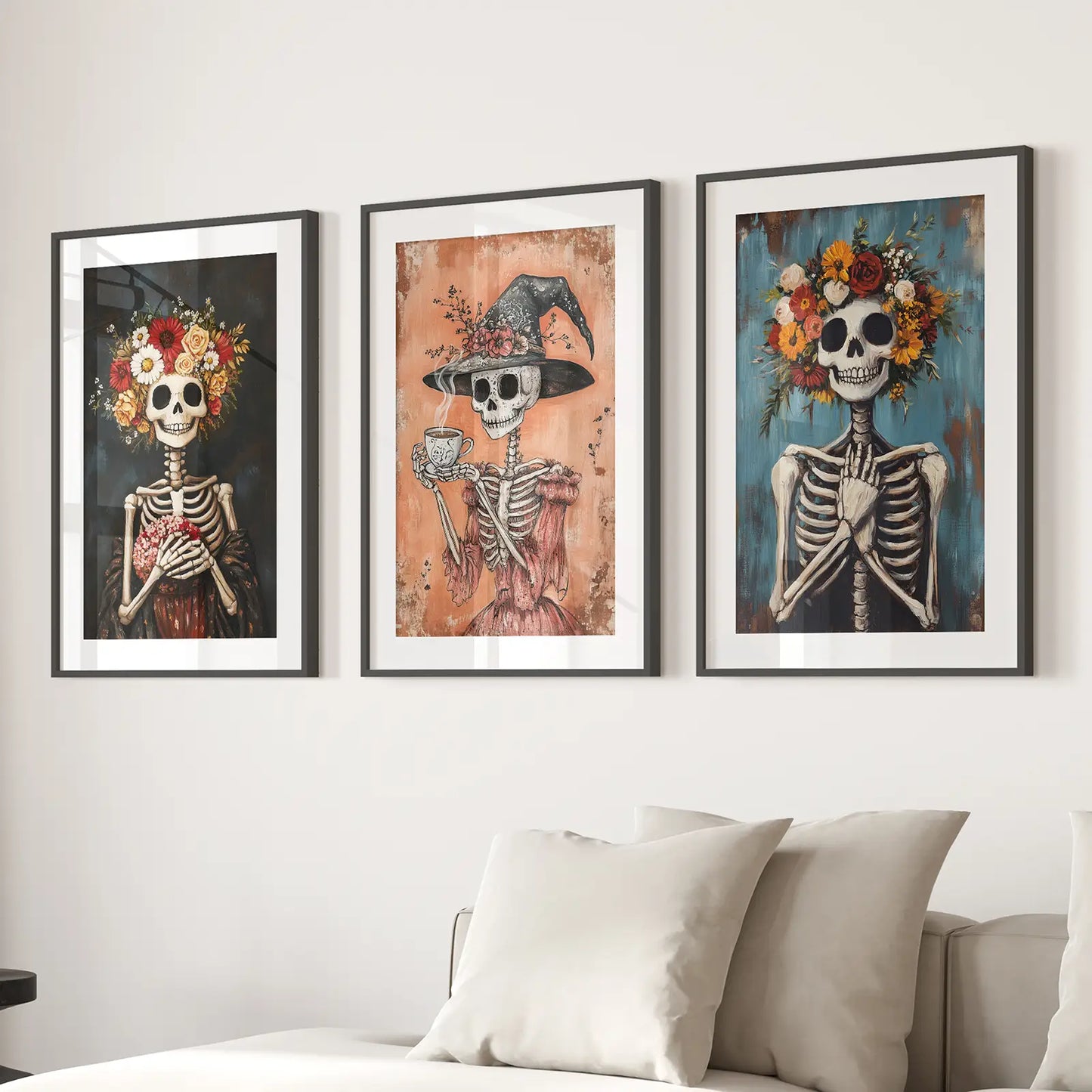 Cozy Floral Skeleton Wall Art Decor Poster Set