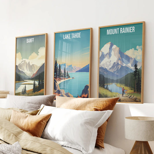 Set of 3 Travel Prints. Banff, Lake Tahoe, Mount Rainier Posters