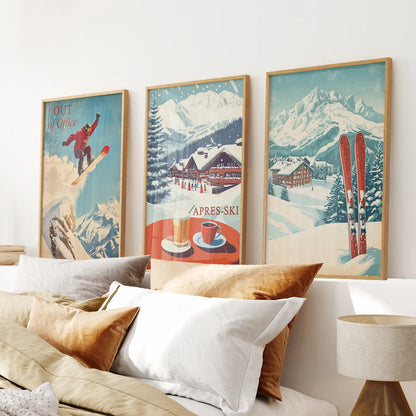 Ski Lodge Set of 3 Prints: Retro Snowboard, Après Ski Art