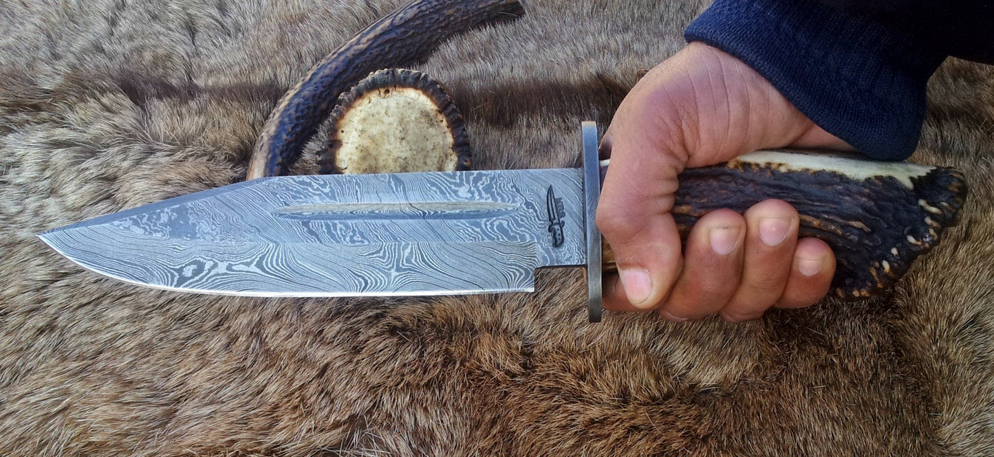 Vintage Bowie Knife with Custom Handcrafted Damascus Steel Blade & Stag Horn Handle - 14 Inches