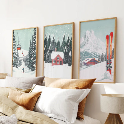 Ski Lifts, Cozy Cabin, and Snowy Peaks Wall Art