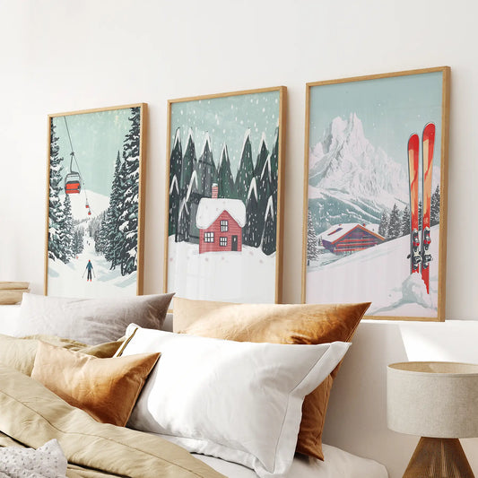 Ski Lifts, Cozy Cabin, and Snowy Peaks Wall Art
