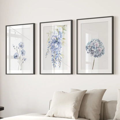Set of 3 Blue Watercolor Minimalist Flowers Prints