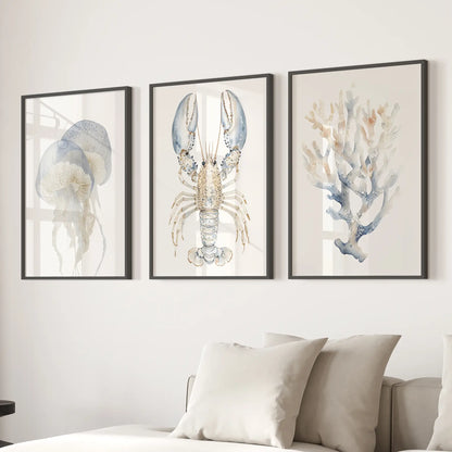 Ocean Animal Prints. Jellyfish, Lobster, Corals Wall Art