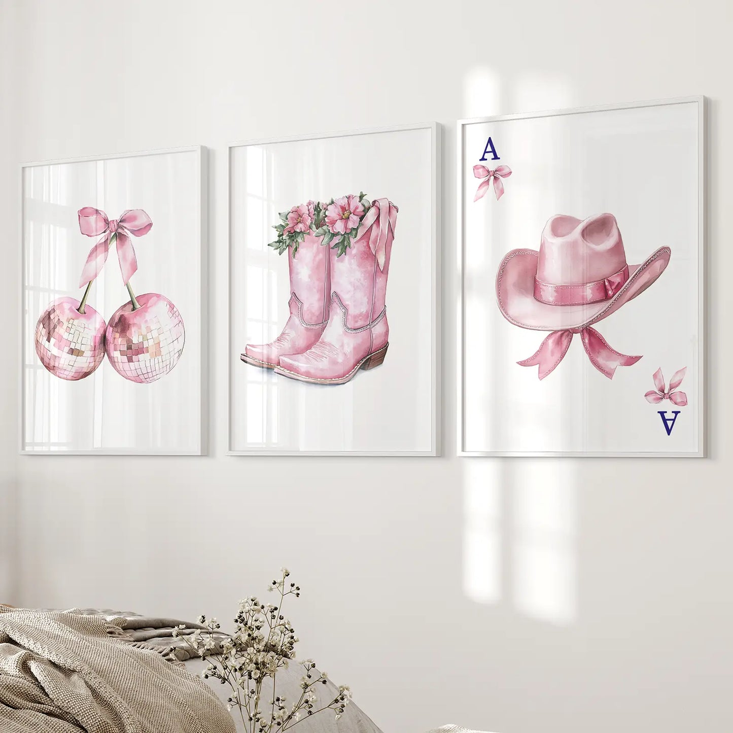 Cowgirl Hat and Boots Wall Art Pink Poster Set