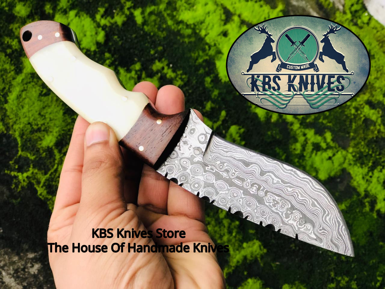 Custom Handmade Raindrop Damascus Steel Hunting Camping Knife