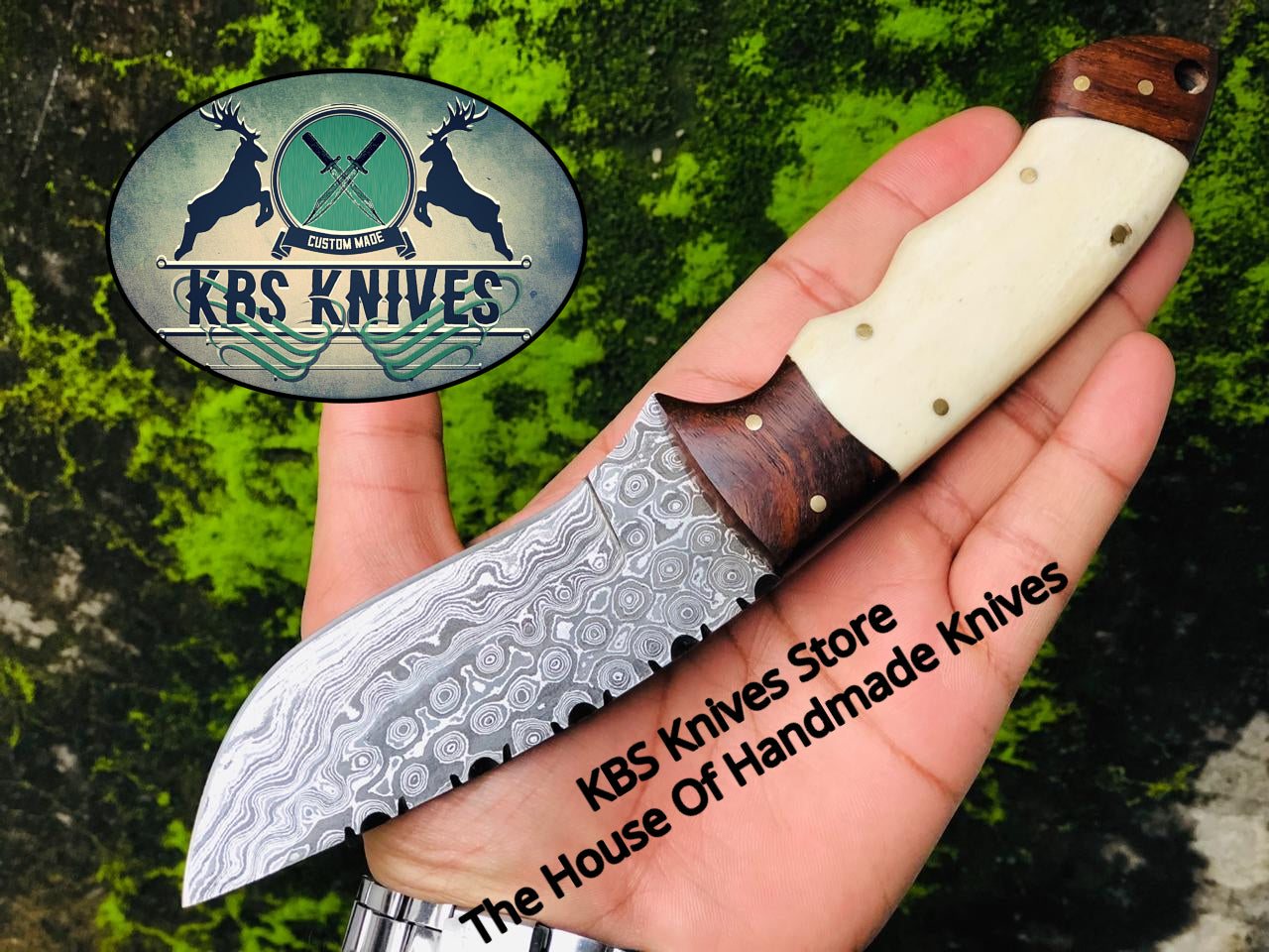 Custom Handmade Raindrop Damascus Steel Hunting Camping Knife
