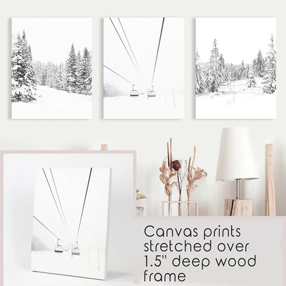 Winter Skiing Black White Wall Art. Ski Lift, Snowy Forest