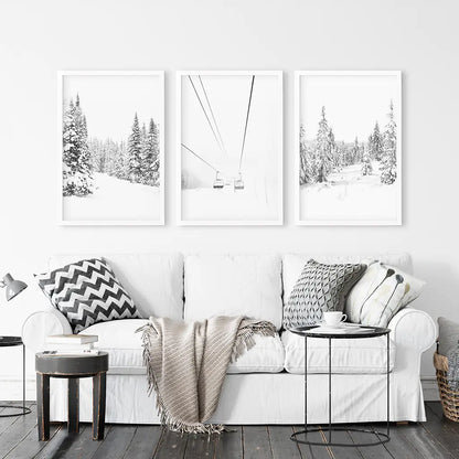 Winter Skiing Black White Wall Art. Ski Lift, Snowy Forest
