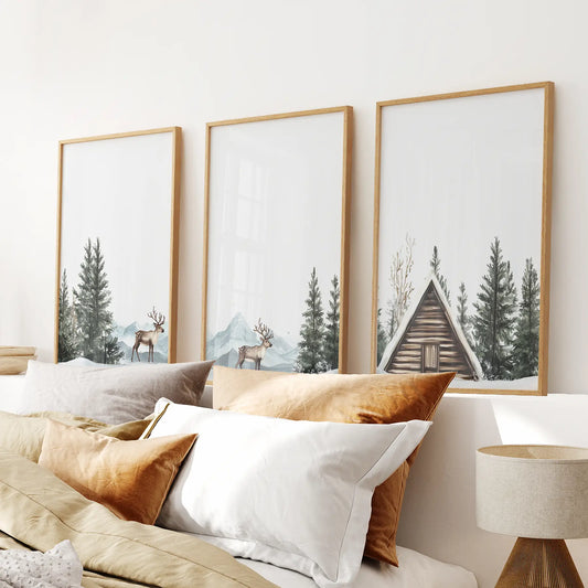 Rustic Cabin, Snowy Forest Prints. 3 Piece Winter Wall Art