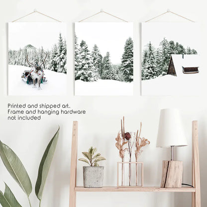 Winter Snowy Nature Triptych. Reindeer, Log Cabin, Pine Tree