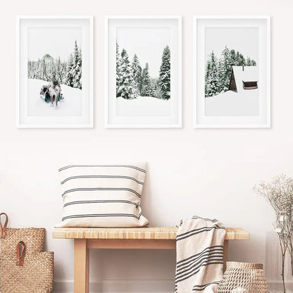 Winter Snowy Nature Triptych. Reindeer, Log Cabin, Pine Tree