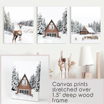 Rustic Winter Set of 3 Wall Art Prints. Animals, Log Cabin