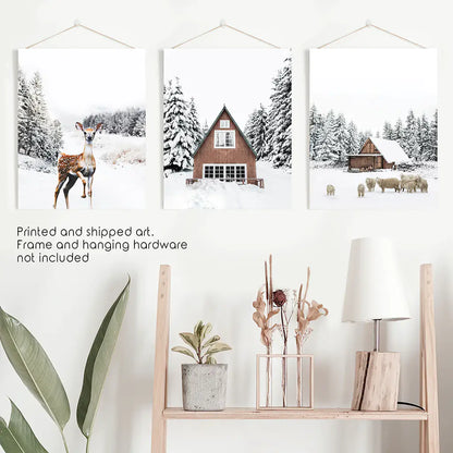 Rustic Winter Set of 3 Wall Art Prints. Animals, Log Cabin