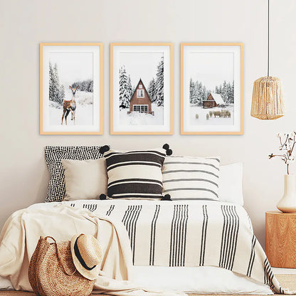 Rustic Winter Set of 3 Wall Art Prints. Animals, Log Cabin