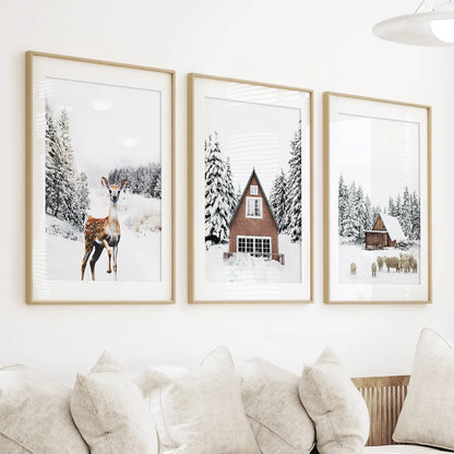 Rustic Winter Set of 3 Wall Art Prints. Animals, Log Cabin