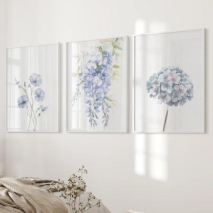Set of 3 Blue Watercolor Minimalist Flowers Prints