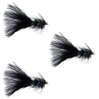3 Pack Black Bead Head Mini Crystal Woolly Bugger Streamer -  Size 12