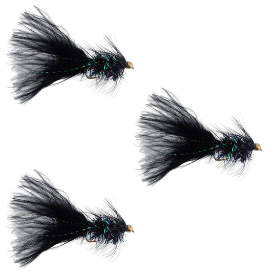 3 Pack Black Bead Head Mini Crystal Woolly Bugger Streamer -  Size 12