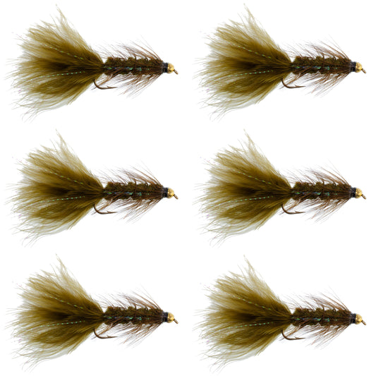 Dark Olive Bead Head Crystal Woolly Bugger Classic Streamer Flies - Set of 6 Trout Fly Fishing Flies - Hook Size 8