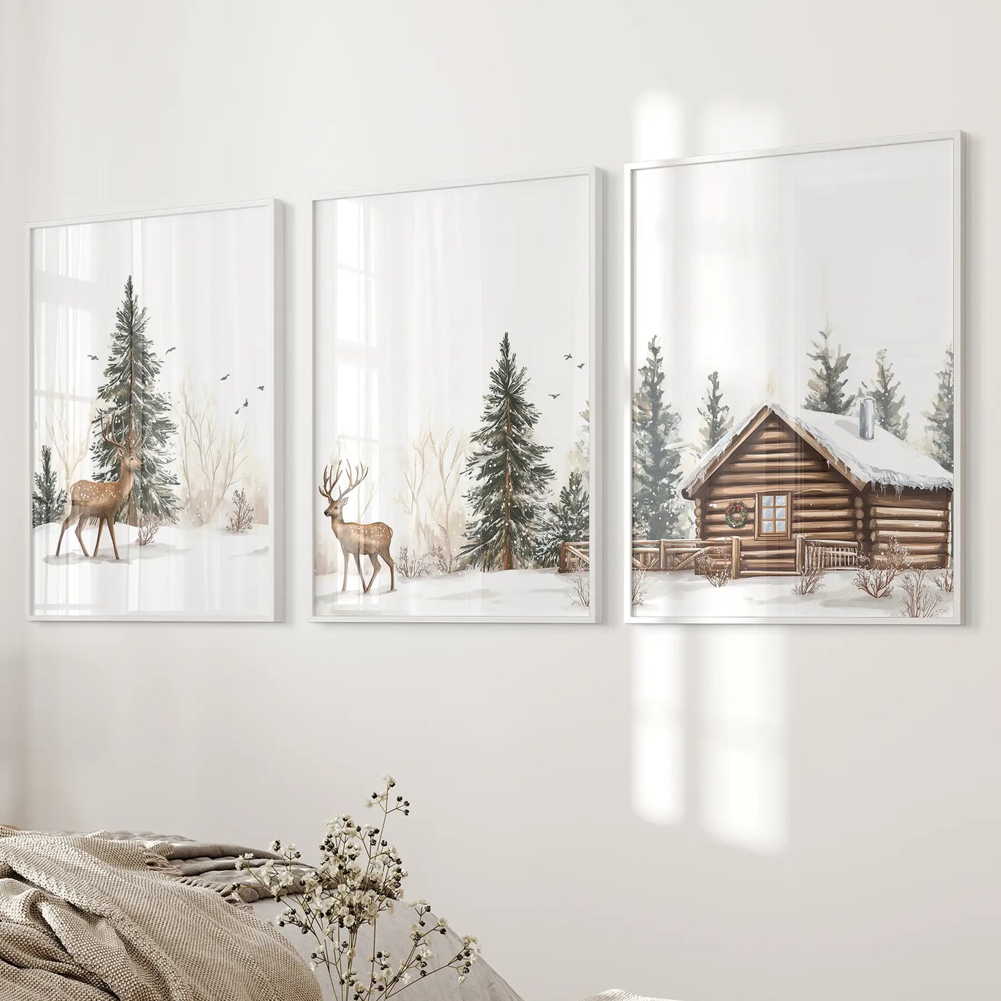 Deer and Cabin Winter 3 Piece Wall Art. Rustic Nordic Prints