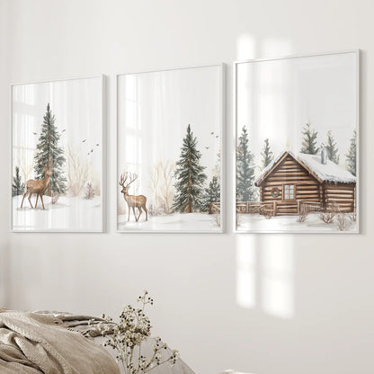 Deer and Cabin Winter 3 Piece Wall Art. Rustic Nordic Prints