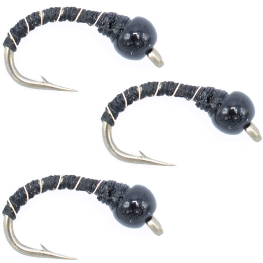 3 Pack Bead Head Black Zebra Midge Still Water Nymph Fly Fishing Fly Hook Size 14