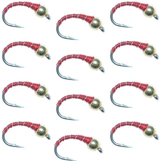 Bead Head Red Zebra Midge Still Water Nymph 1 Dozen Flies Hook Size 14