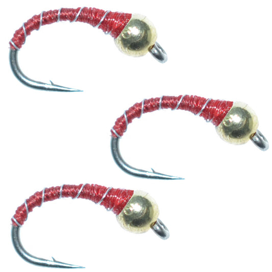 3 Pack Bead Head Red Zebra Midge Nymph Hook Size 20