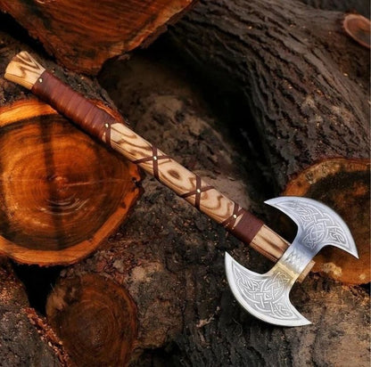 Mastercraft Battle Axe: Custom Handmade Engraved Double Blades with D2 Steel and Ash Wood Handle, Leather Wrap, and Sheath