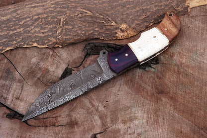 Custom Handmade Damascus Steel Hunting Knife with G10, Bone & Rosewood Handle – 9" | KBS Knives