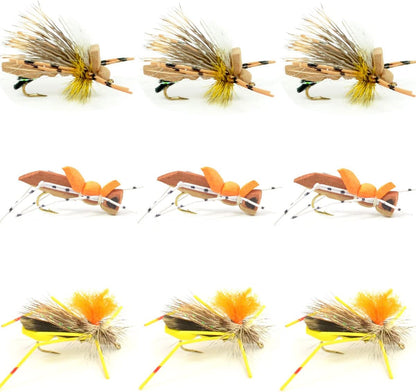 Grasshopper Trout Flies Fishing Flies Assortment Dropper Hopper Foam Body - 9 Flies 3 Patterns Hook Size 10