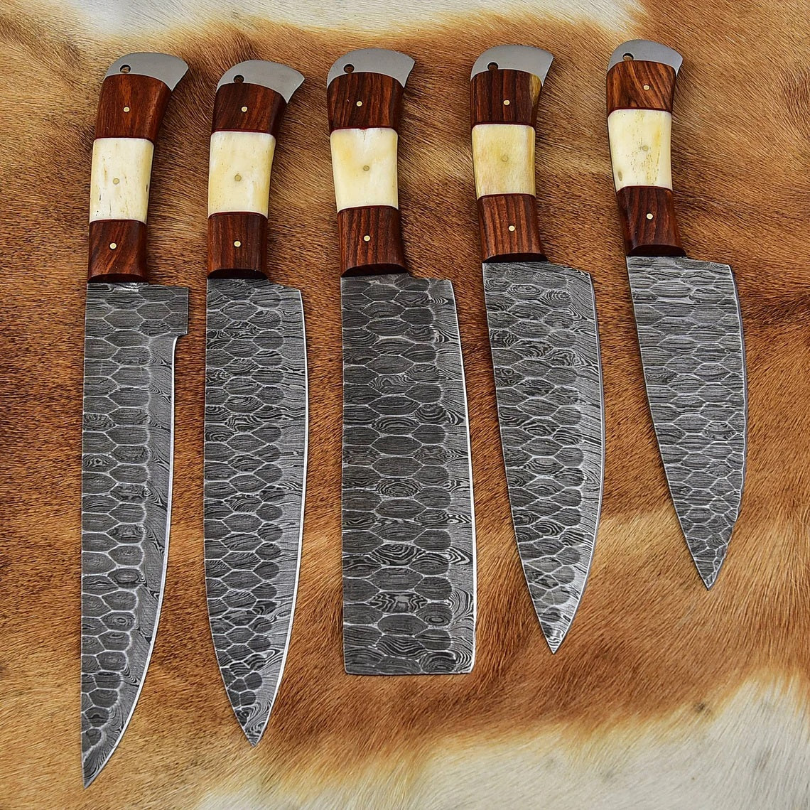 Custom Handmade Damascus Cooking Knife Set - 5 Pieces