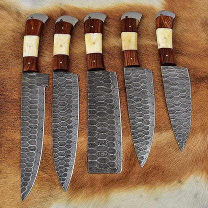 Custom Handmade Damascus Cooking Knife Set - 5 Pieces