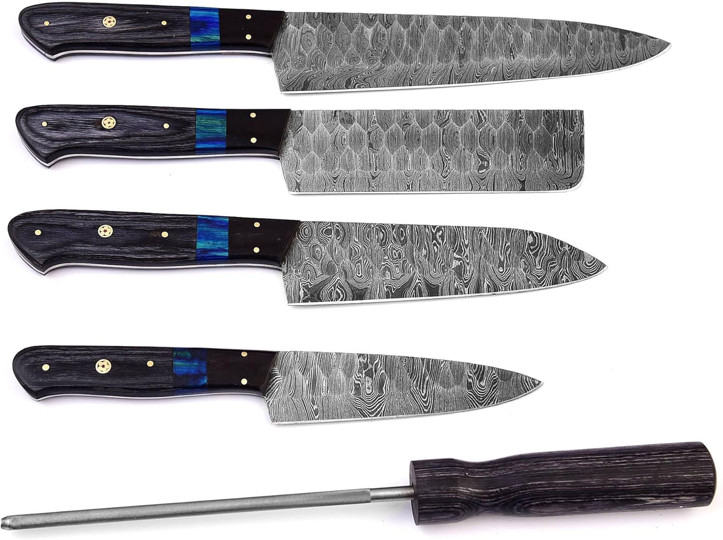 Custom Handmade Damascus Kitchen Knife Set with Sharpener