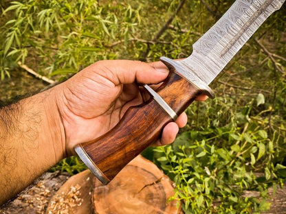14-Inch Twist Damascus Steel Hunting Bowie Knife | Handcrafted with Rosewood Handle & Leather Sheath | KBS Knives