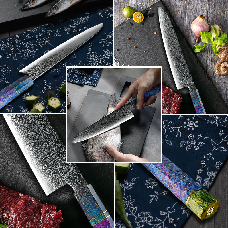 Spectrum Knife Set 6 Piece VG10 Damascus Steel with Exotic tie-dye-Stained Olive Burl Wood Handle