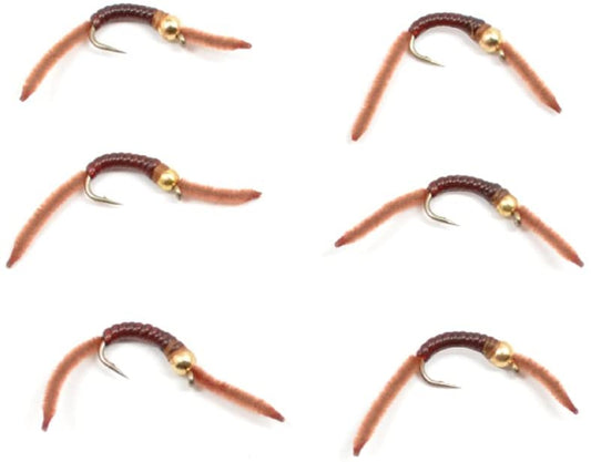 Barbless Tungsten San Juan Bead Head Power Worm Brown 6 Flies Size 12