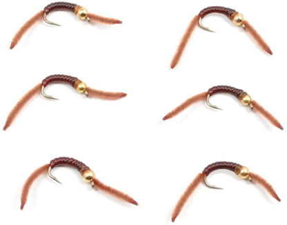 Barbless Tungsten San Juan Bead Head Power Worm Brown 6 Flies Size 10