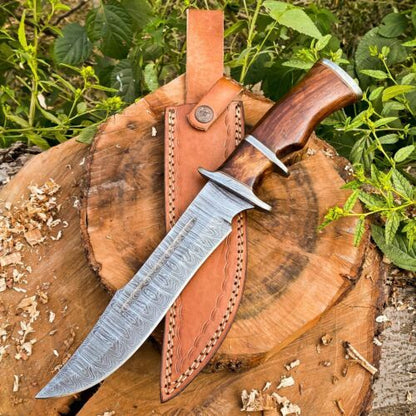 14-Inch Twist Damascus Steel Hunting Bowie Knife | Handcrafted with Rosewood Handle & Leather Sheath | KBS Knives