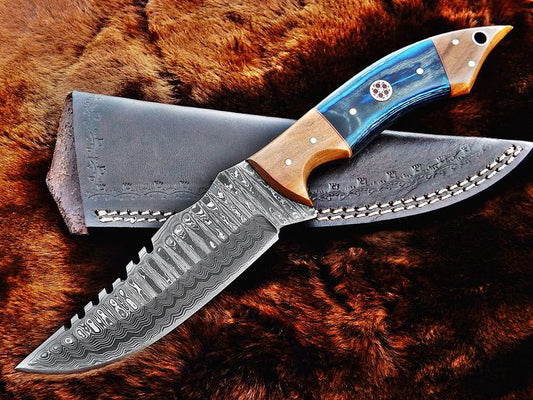 Custom Handmade Damascus Hunting Knife with Exotic Wood Handle