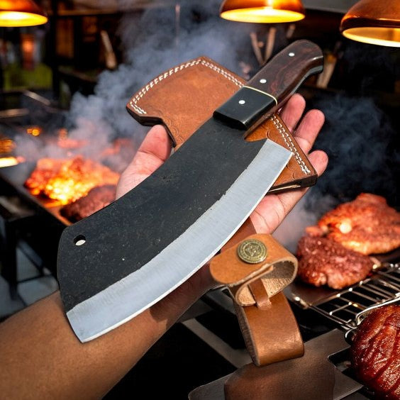 Custom Handmade Meat Cutter Knife – 11" High-Carbon Steel Blade with Rosewood & Buffalo Horn Handle