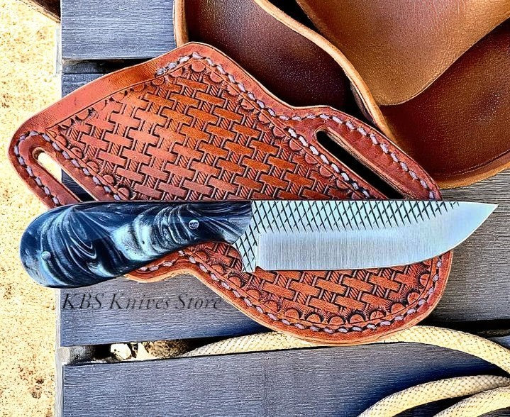 Handmade Cross Draw Knife with Sheath – Rasp Steel Blade & Epoxy Resin Handle