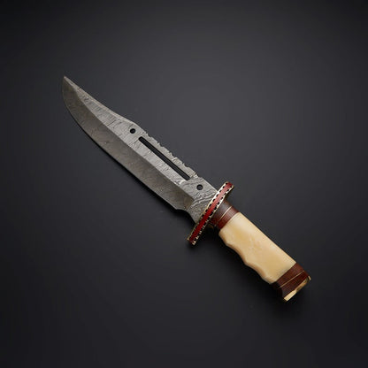 Rambo First Blood Knife - Custom Handmade Damascus Bowie with Rose Wood and Bone Handle