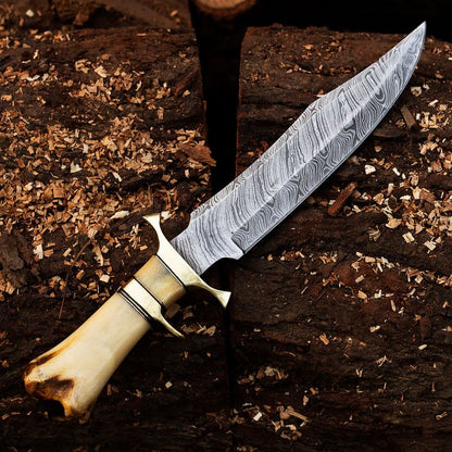15-Inch Twist Damascus Steel Blade Custom Handcrafted Hunting Bowie Knife | 9.5-Inch Blade, Bone Handle, Brass & Damascus Finger Guards, Leather Sheath | KBS Knives