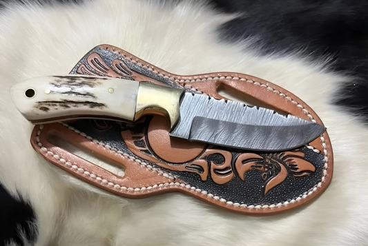 Cowboy Knife Sheath - Damascus & Antler Western Set