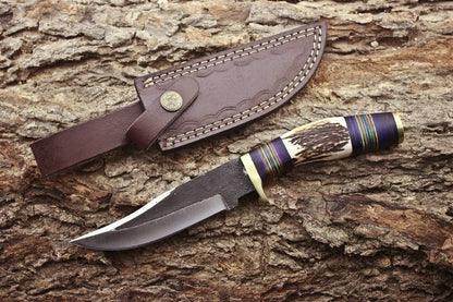 Custom Handmade 1095 Forged Steel Hunting Knife with Antler Horn & Exotic Wood Handle – 11" | KBS Knives