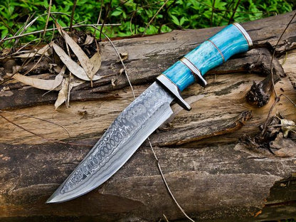 14-Inch Raindrops Damascus Steel Hunting Bowie Knife | Custom Handcrafted with Colored Bone Handle & Leather Sheath | KBS Knives